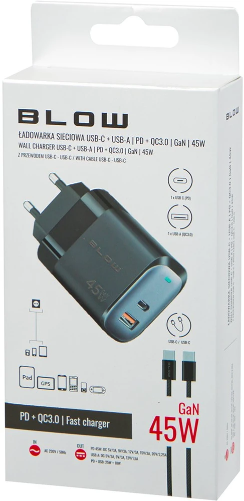 Blow Sieninis įkroviklis USB lizdas + USB-C PD 45W + laidas