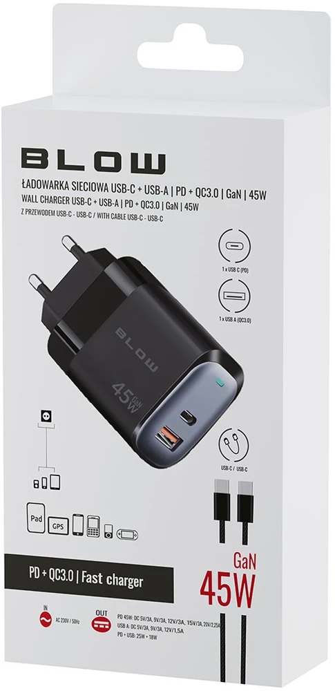Blow Sieninis įkroviklis USB lizdas + USB-C PD 45W + laidas