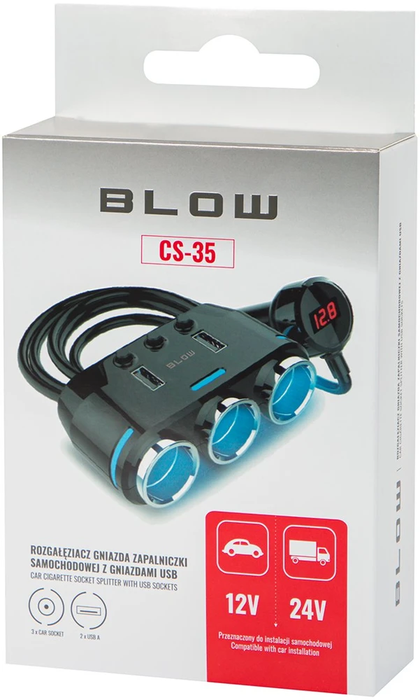 Blow Automobilio cigarečių žiebtuvėlio skirstytuvas 1xKIŠTUKAS/3xLIZDAI+2xUSB CS-35 laidas
