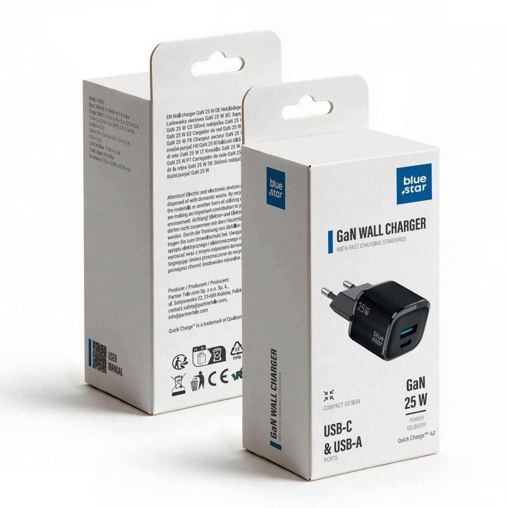 BlueStar Phone charger Blue Star Nano GaN USB C + USB A QC4.0 PD 3A 25W VT-331 juoda