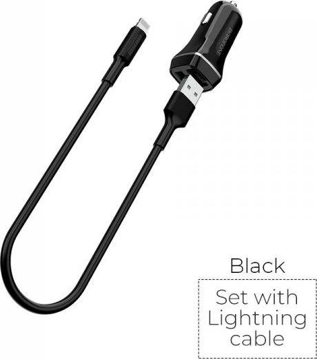 Įkroviklis automobilinis Borofone BZ2 su 2 USB jungtimis + Lightning (2.4A) juodas