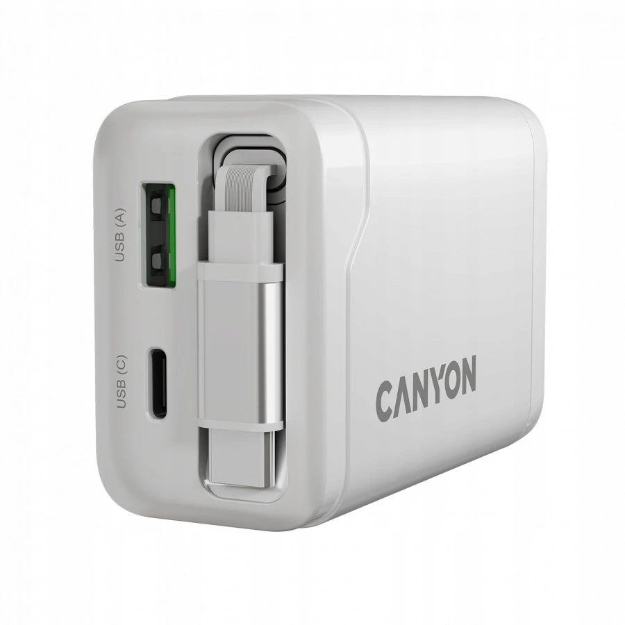CANYON įkroviklis OnCharge 65RC su integruotu USB-C laidu, 65W, 1xPD, 1xQC, EU, Baltas