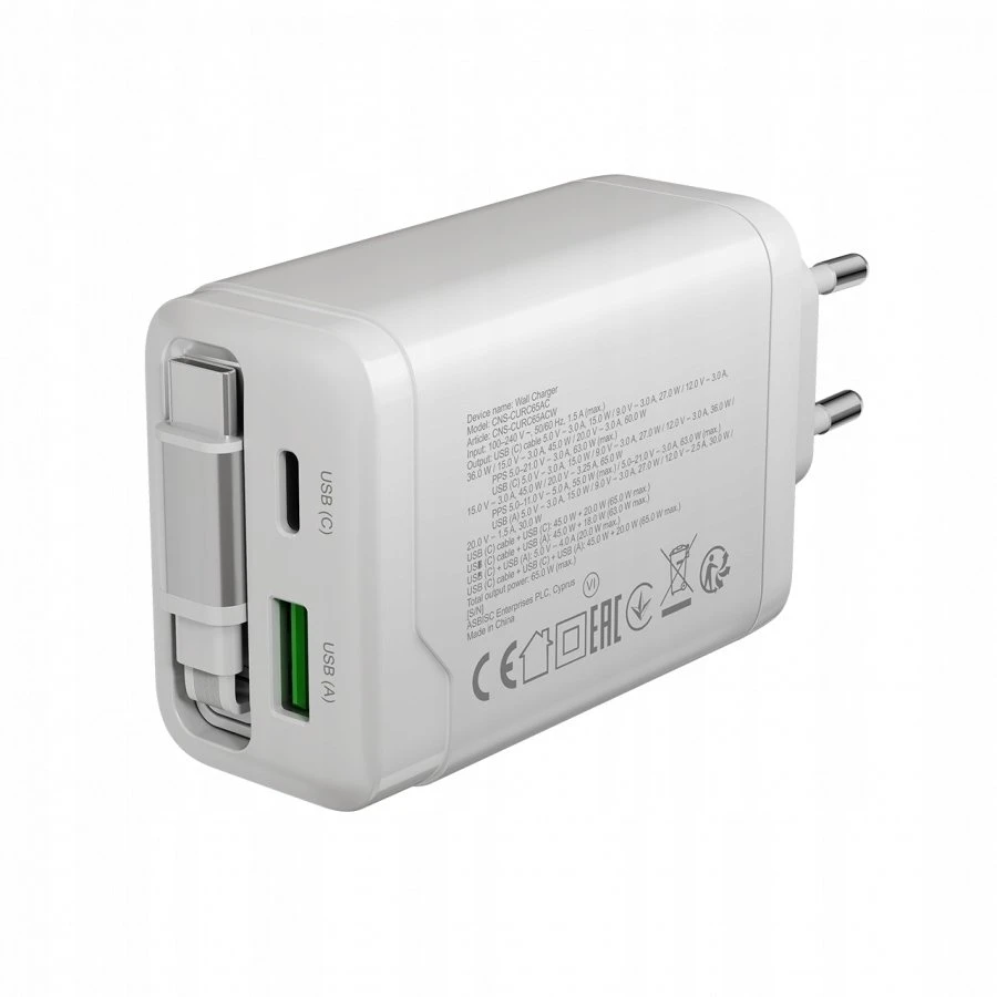 CANYON įkroviklis OnCharge 65RC su integruotu USB-C laidu, 65W, 1xPD, 1xQC, EU, Baltas