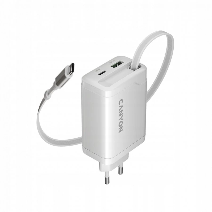 CANYON įkroviklis OnCharge 65RC su integruotu USB-C laidu, 65W, 1xPD, 1xQC, EU, Baltas