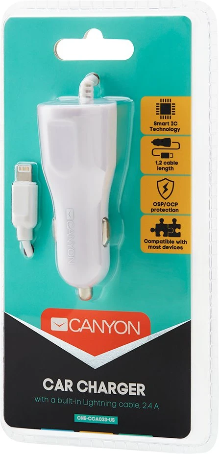 CANYON automobilinis įkroviklis C-033 2.4A/USB-A su integruotu „Lightning“ Baltas