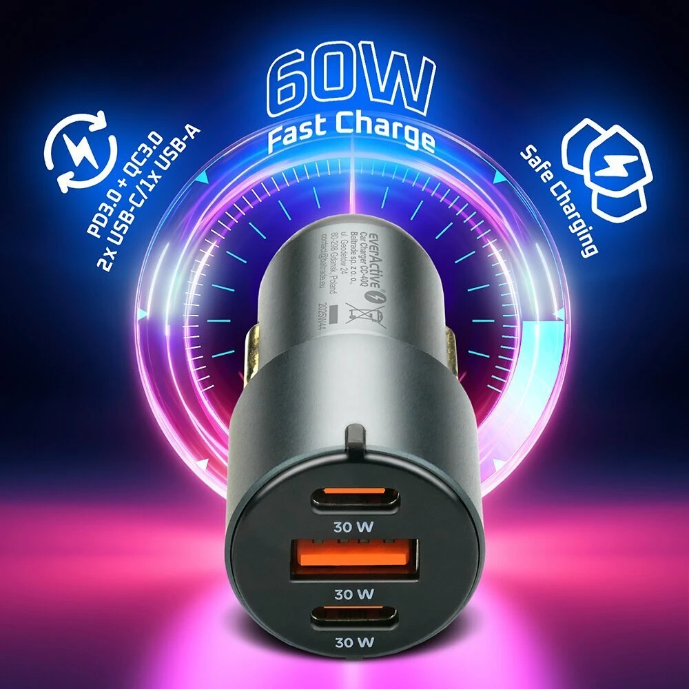 Automobilinis įkroviklis everActive CC-40Q USB QC3.0 + 2x USB-C PD 60W