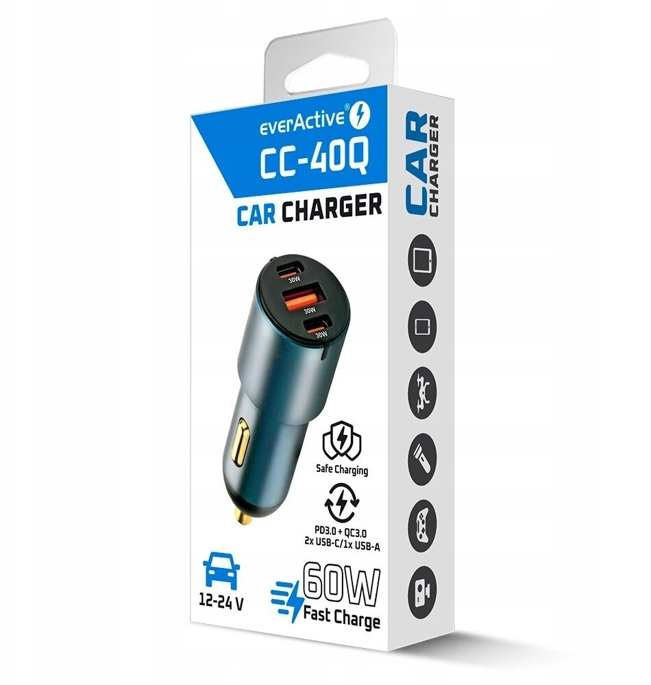 Automobilinis įkroviklis everActive CC-40Q USB QC3.0 + 2x USB-C PD 60W