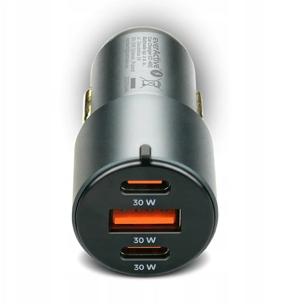 Automobilinis įkroviklis everActive CC-40Q USB QC3.0 + 2x USB-C PD 60W
