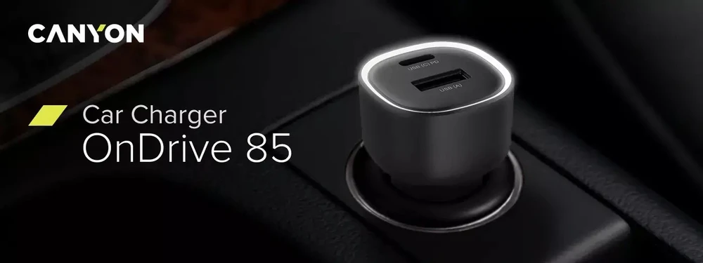 CANYON automobilinis įkroviklis OnDrive 85 PD 85W USB-A+USB-C Juodas