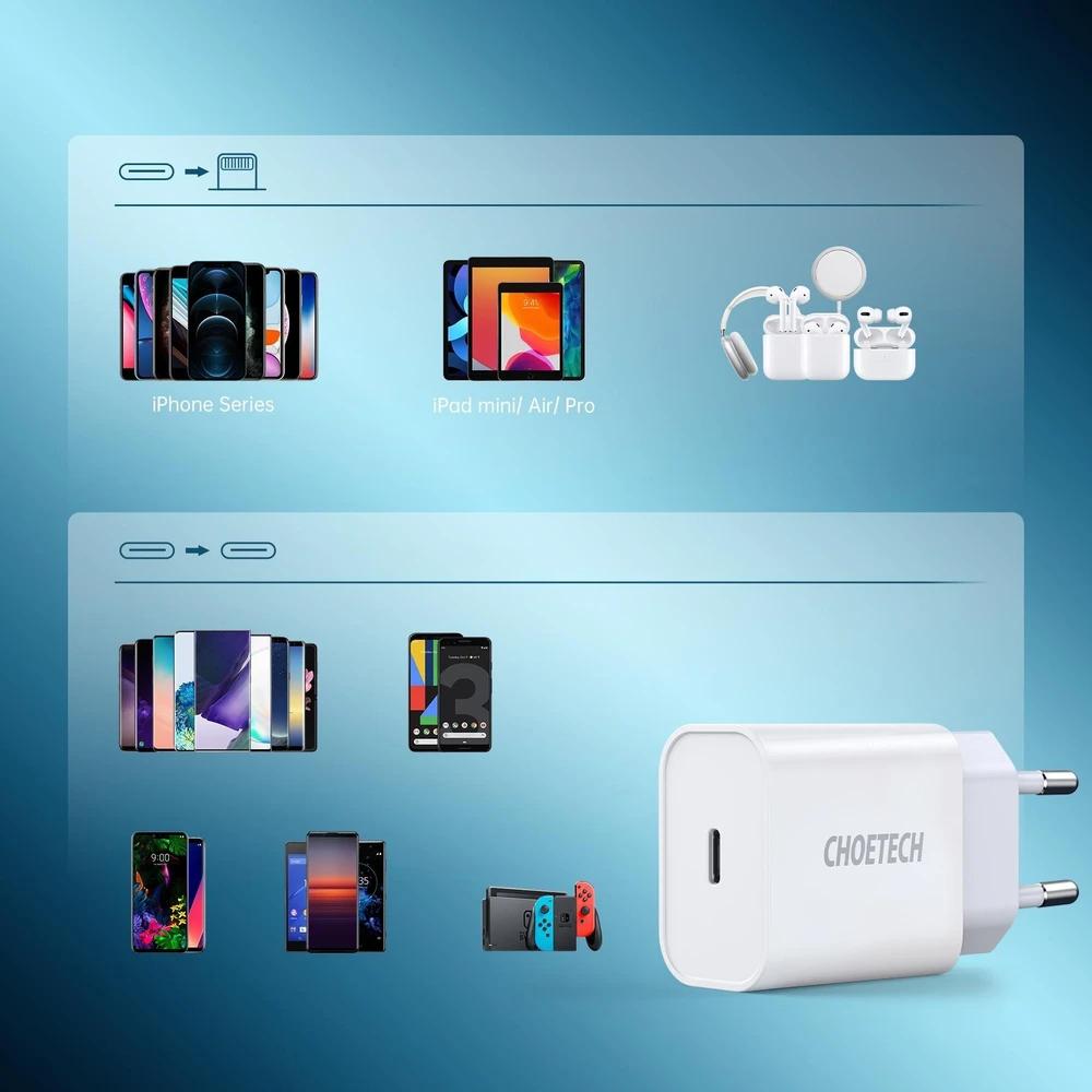 Choetech Q5004 EU USB-C tinklo įkroviklis, 20 W (baltas)