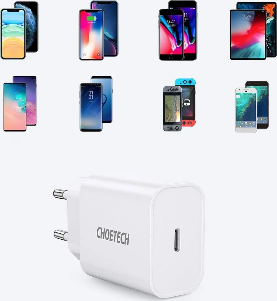 Choetech Q5004 EU USB-C tinklo įkroviklis, 20 W (baltas)