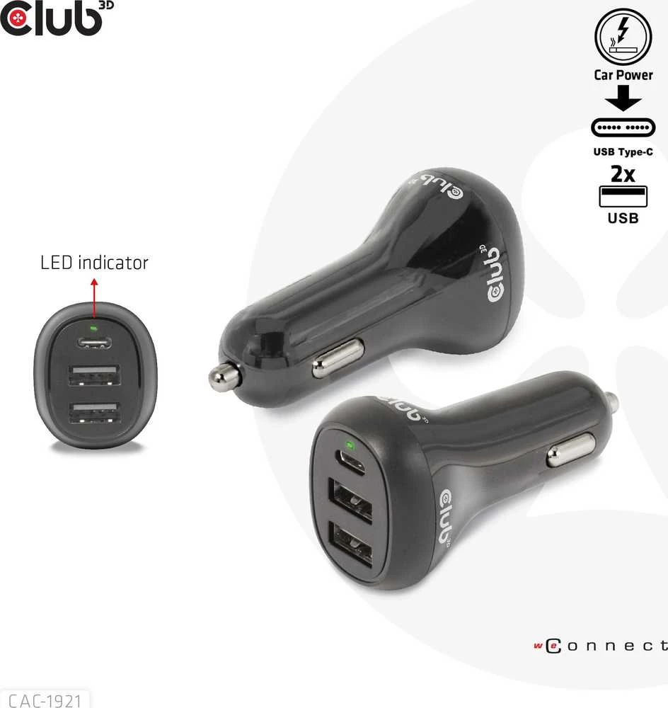 Įkroviklis Club 3D Club3D automobilinis įkroviklis nešiojamiesiems kompiuteriams 36W, 3 prievadai (2xUSB-A + USB-C)