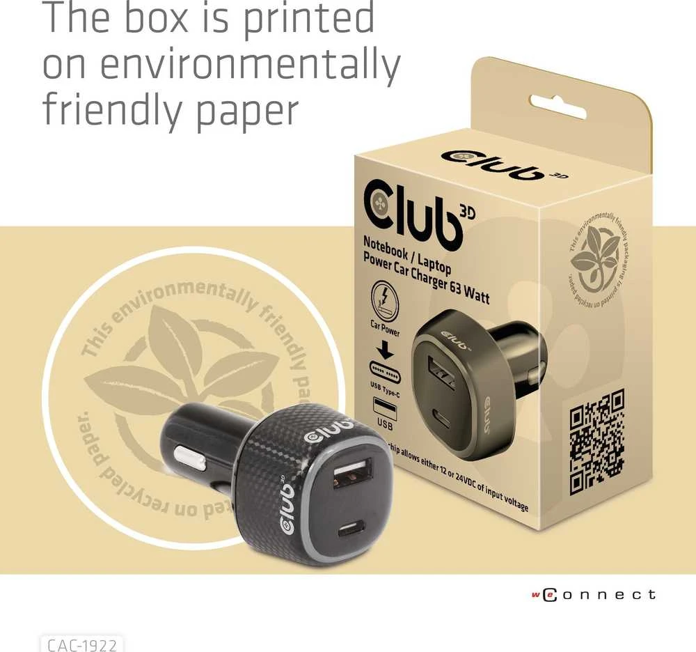Club 3D CLUB3D nešiojamojo kompiuterio automobilinis įkroviklis, 63 vatai, automatinis, cigarečių žiebtuvėlis, 24 V, juodas
