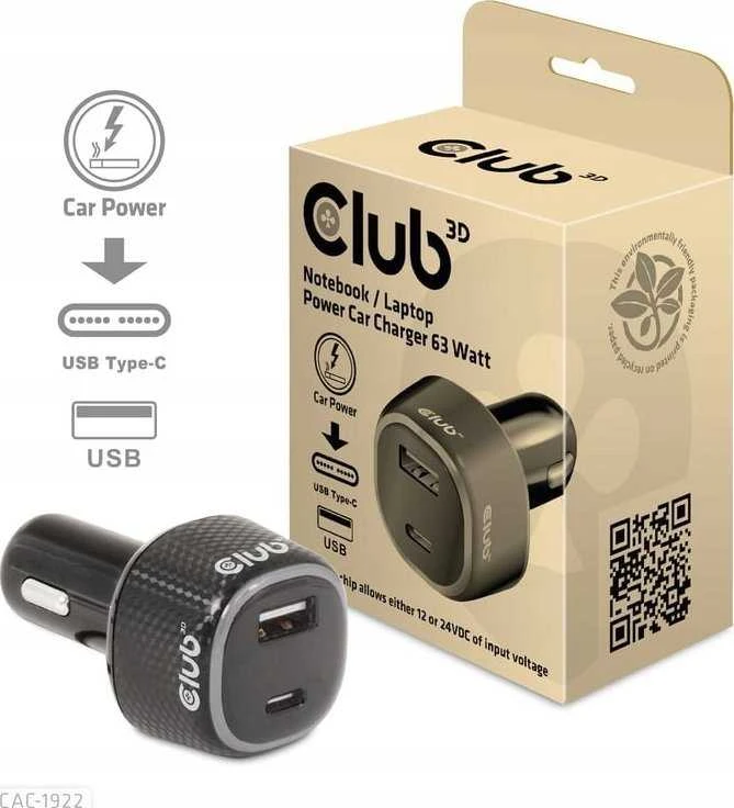Club 3D CLUB3D nešiojamojo kompiuterio automobilinis įkroviklis, 63 vatai, automatinis, cigarečių žiebtuvėlis, 24 V, juodas