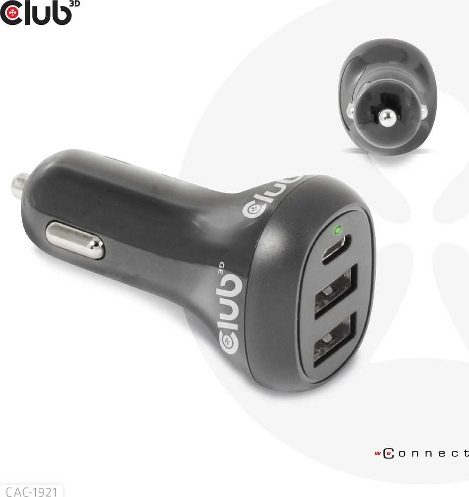 Įkroviklis Club 3D Club3D automobilinis įkroviklis nešiojamiesiems kompiuteriams 36W, 3 prievadai (2xUSB-A + USB-C)