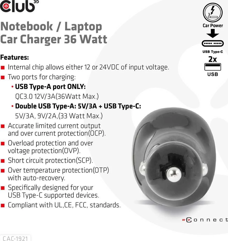 Įkroviklis Club 3D Club3D automobilinis įkroviklis nešiojamiesiems kompiuteriams 36W, 3 prievadai (2xUSB-A + USB-C)