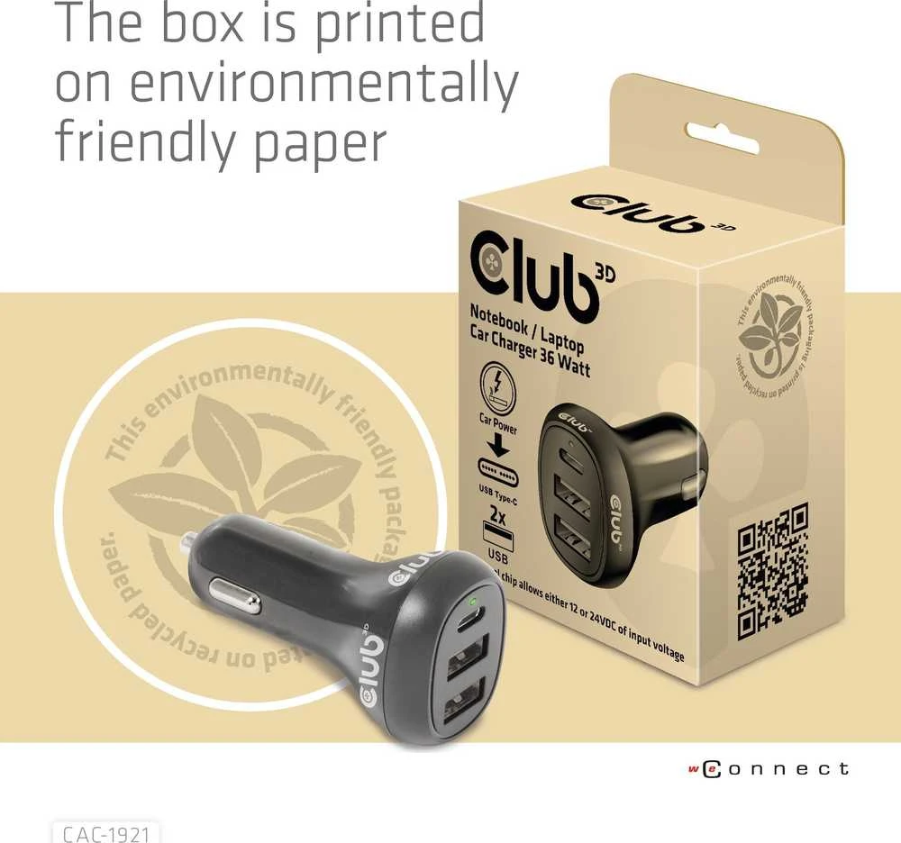 Įkroviklis Club 3D Club3D automobilinis įkroviklis nešiojamiesiems kompiuteriams 36W, 3 prievadai (2xUSB-A + USB-C)