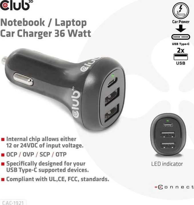 Įkroviklis Club 3D Club3D automobilinis įkroviklis nešiojamiesiems kompiuteriams 36W, 3 prievadai (2xUSB-A + USB-C)