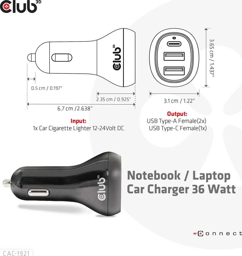 Įkroviklis Club 3D Club3D automobilinis įkroviklis nešiojamiesiems kompiuteriams 36W, 3 prievadai (2xUSB-A + USB-C)