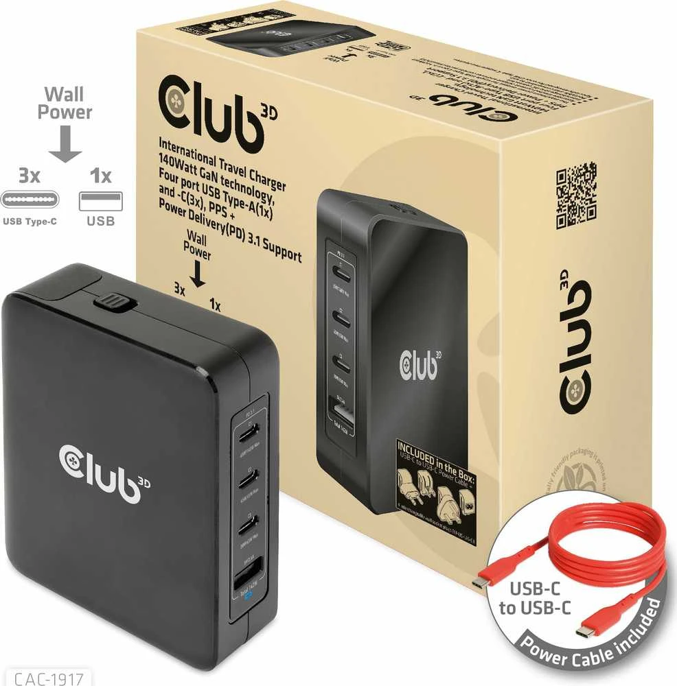 Įkroviklis Club 3D travel GaN 1x USB-A 3x USB-C 140W (CAC-1917)