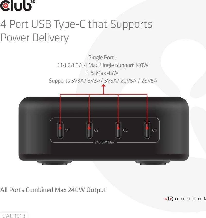 Įkroviklis Club 3D CAC-1918 Universali 4xUSB-C 240W