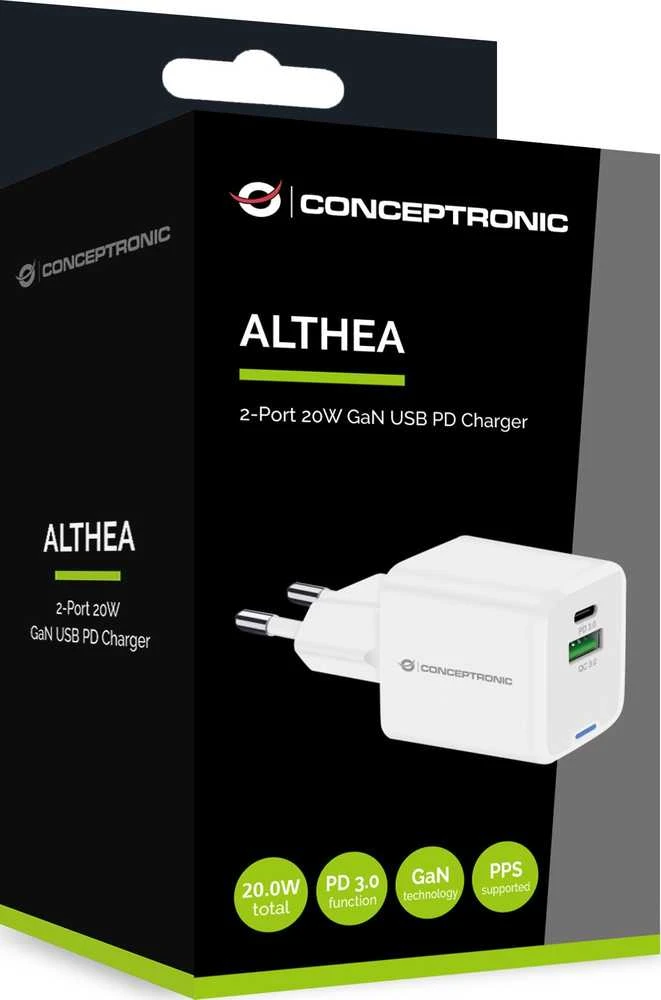 Įkroviklis Conceptronic kroviklis ALTHEA15W GaN USB PD 1x USB-A 1x USB-C 20W Baltas