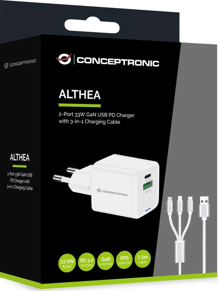 Įkroviklis Conceptronic ALTHEA16W GaN USB PD Szybka Universali 33W Balta