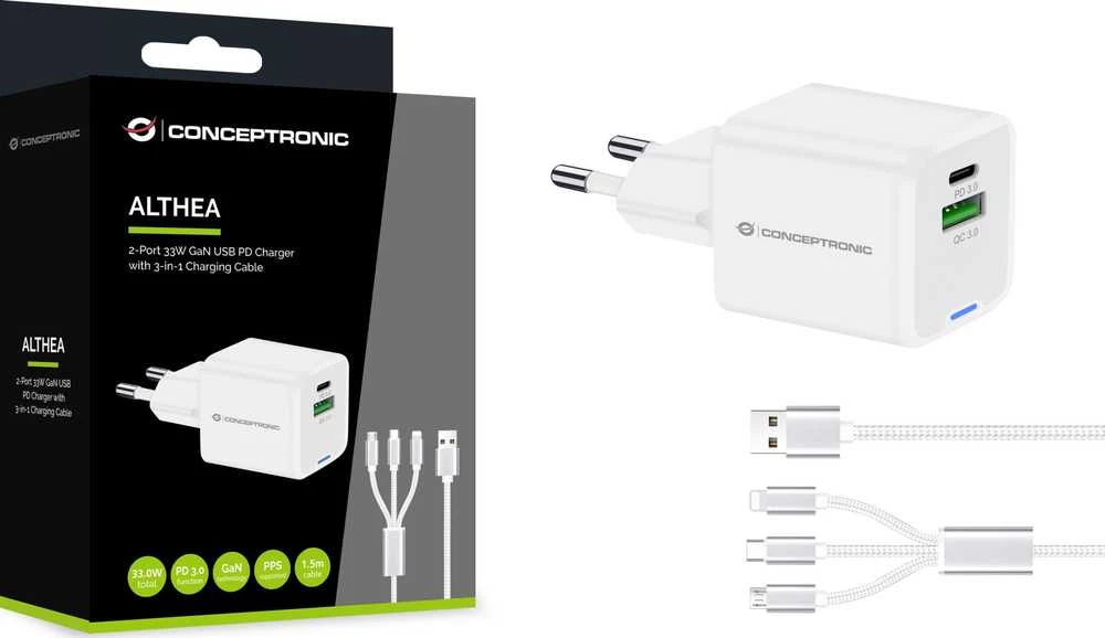 Įkroviklis Conceptronic ALTHEA16W GaN USB PD Szybka Universali 33W Balta