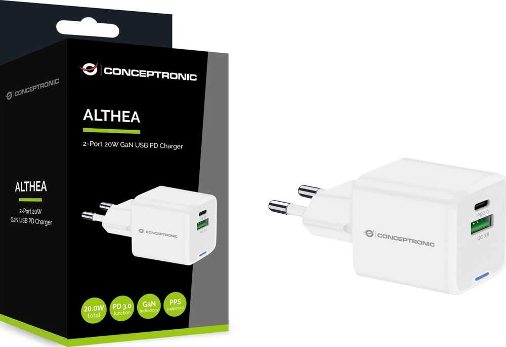 Įkroviklis Conceptronic kroviklis ALTHEA15W GaN USB PD 1x USB-A 1x USB-C 20W Baltas