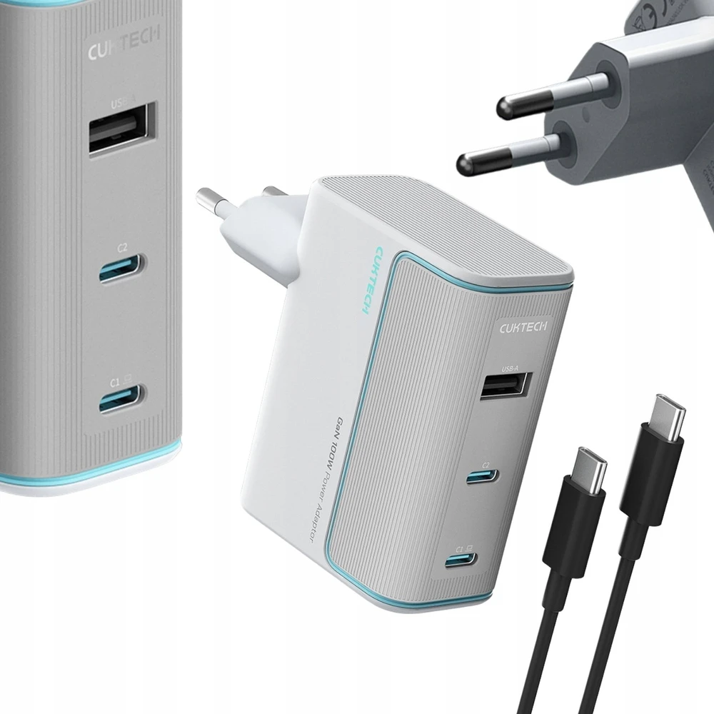 Cuktech AD1003EU 100W GaN 2x USB-C + USB-A sieninis įkroviklis su laidu - Baltas