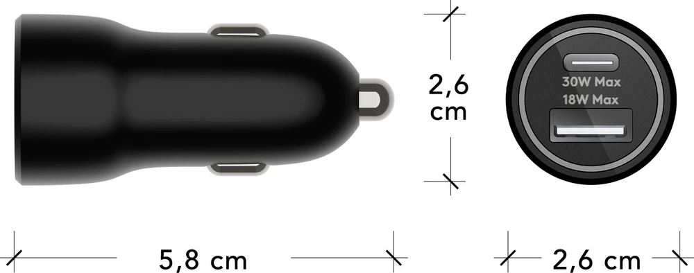 Įkroviklis dbramante dbramante1928 re-charge - Maitinimo šaltinis automobilinis - 30 Watt - 2 wyjścia (USB-C, USB) - juoda