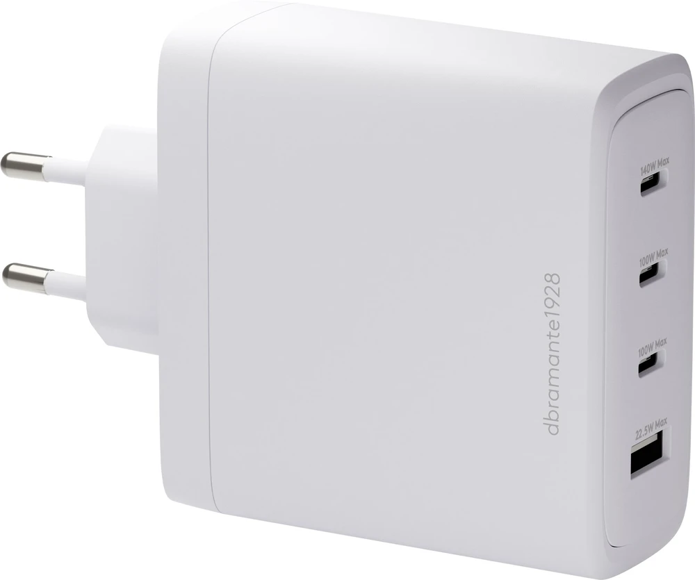 dbramante1928 įkraunamas IT - ES su įkrovikliu - 3xUSB-C 140W + 1xUSB-A - su įkrovikliu, skirtas naudoti viduje, kintamosios srovės, baltas