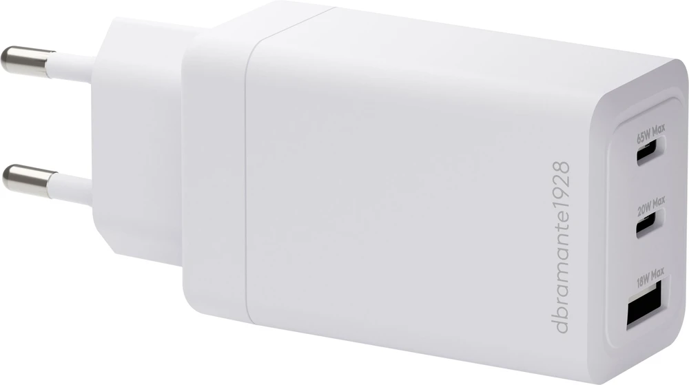 Įkroviklis D Bramante re-charge - Maitinimo šaltinis - 65 Watt - 3 gniazda wyjściowe (2 x USB-C, USB) - balta