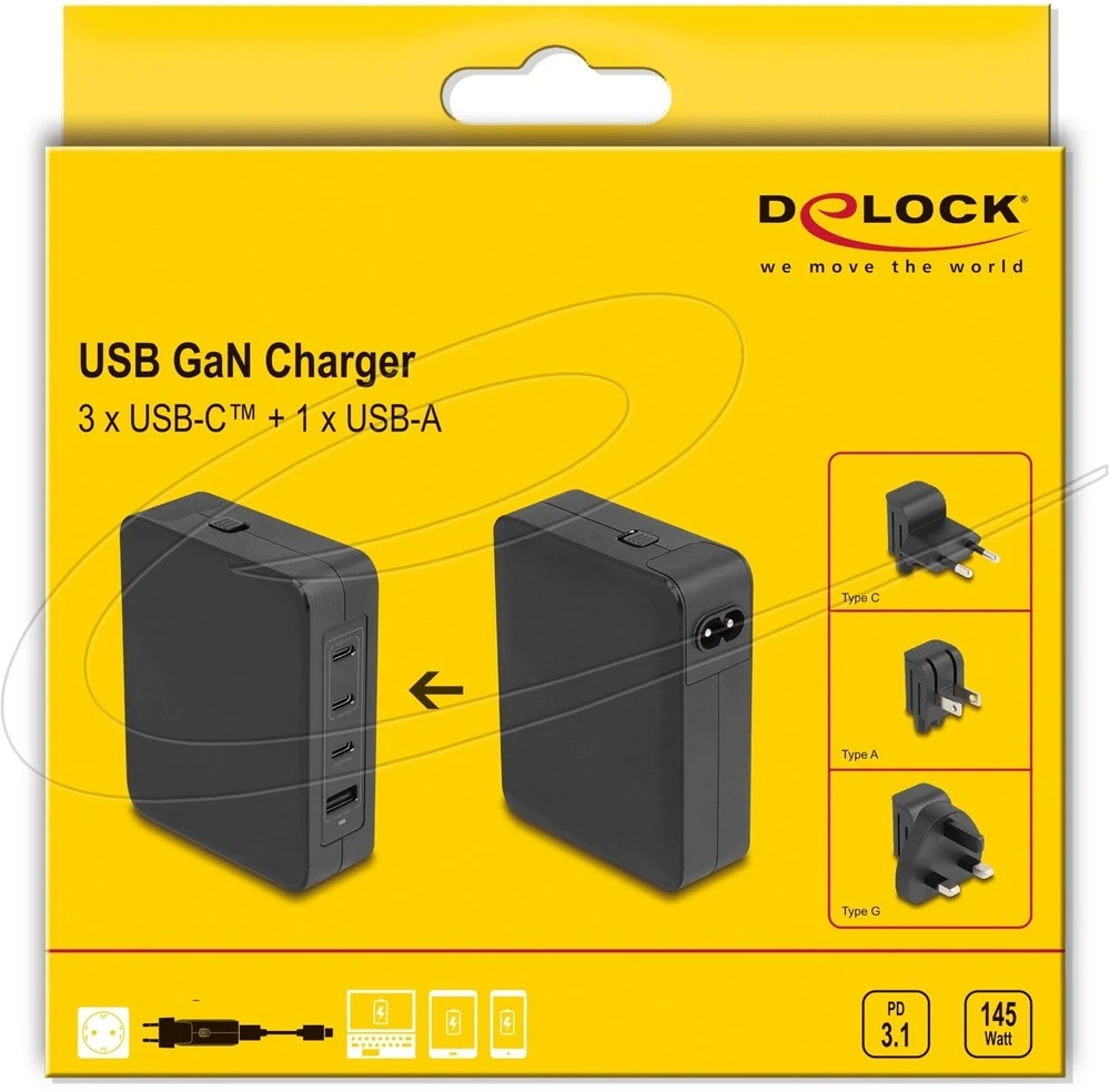 Įkroviklis Delock USB GaN Įkroviklis 3 x USB Type-C™ PD 3.1 i 1 x USB Typ-A su 145 W su adapterem zasilającym do EU / US / UK (41473)