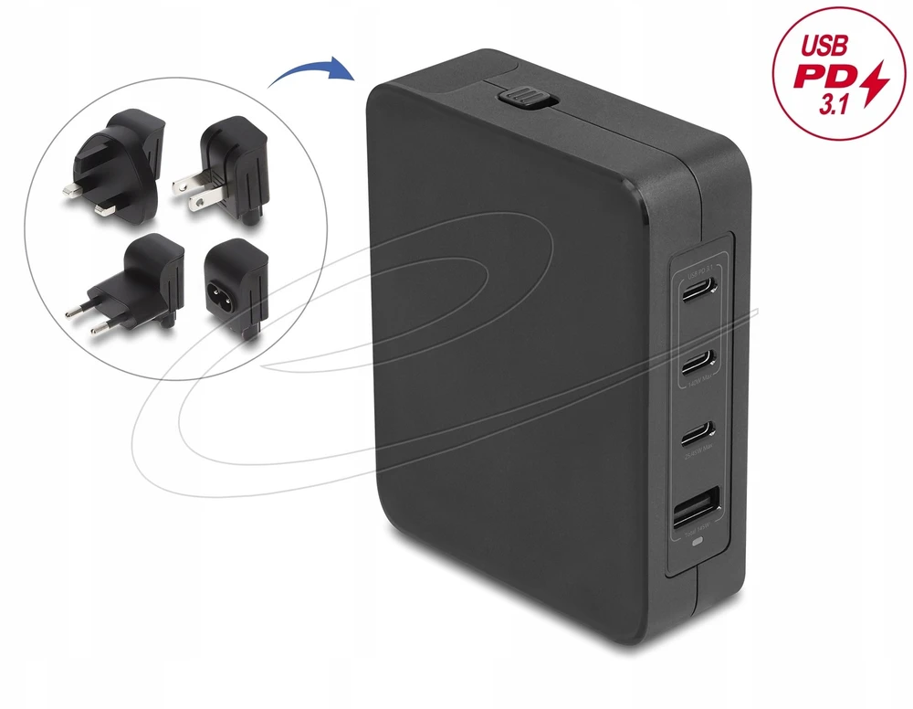 Įkroviklis Delock USB GaN Įkroviklis 3 x USB Type-C™ PD 3.1 i 1 x USB Typ-A su 145 W su adapterem zasilającym do EU / US / UK (41473)