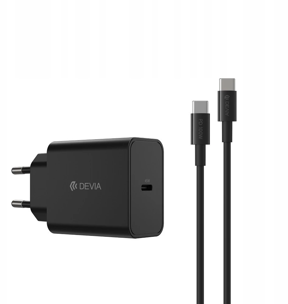 Devia laidinis įkroviklis Rocket PD 45W 1x USB-C juodos spalvos+ kabelis USB-C - USB-C