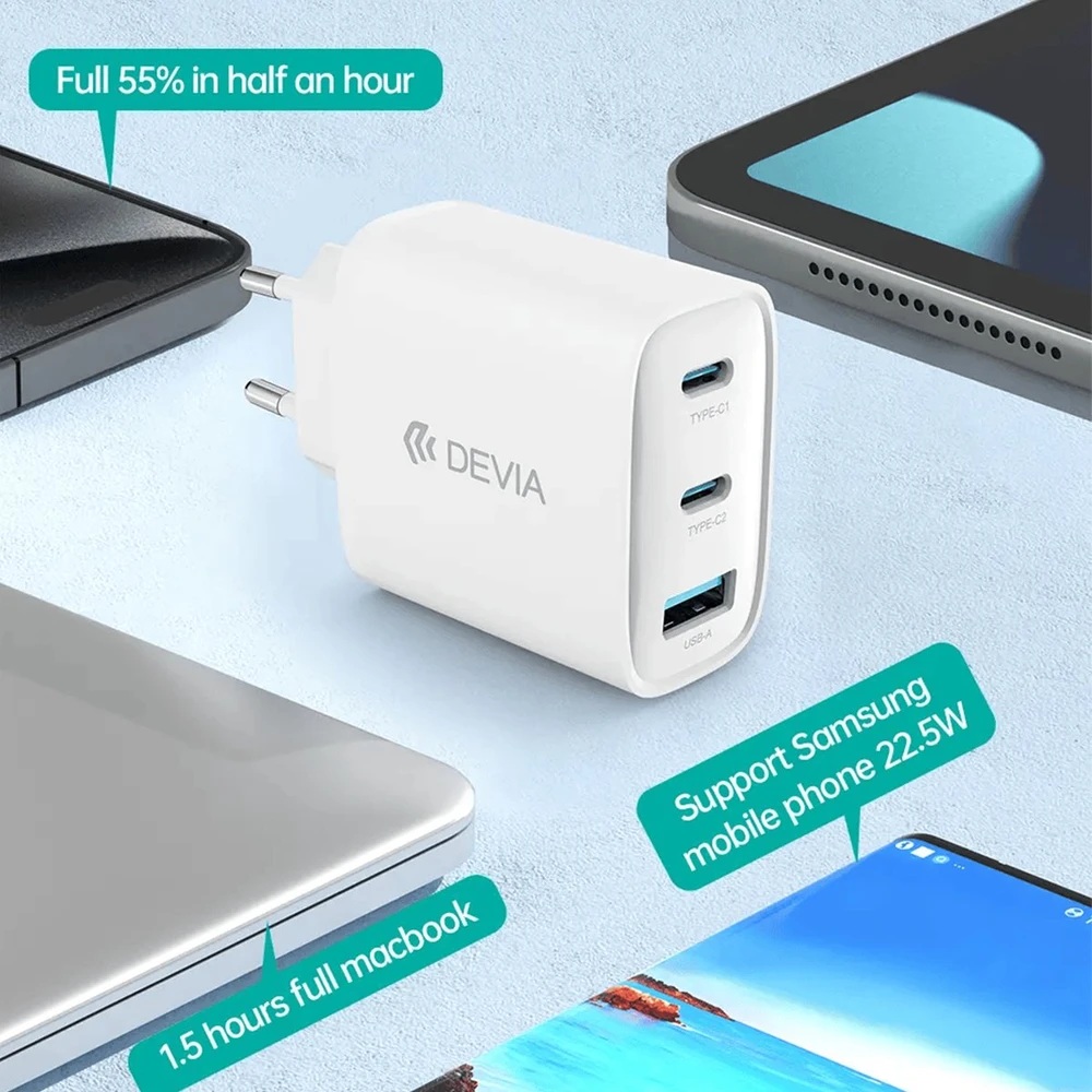 Devia laidinis įkroviklis Extreme PD GaN 65W 2x USB-C 1x USB baltos spalvos + kabeliu USB-C - USB-C laptop charger