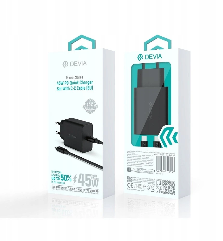 Devia laidinis įkroviklis Rocket PD 45W 1x USB-C juodos spalvos+ kabelis USB-C - USB-C