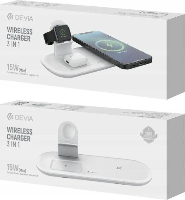 Devia belaidis įkroviklis 3in1 Smart 15W baltas
