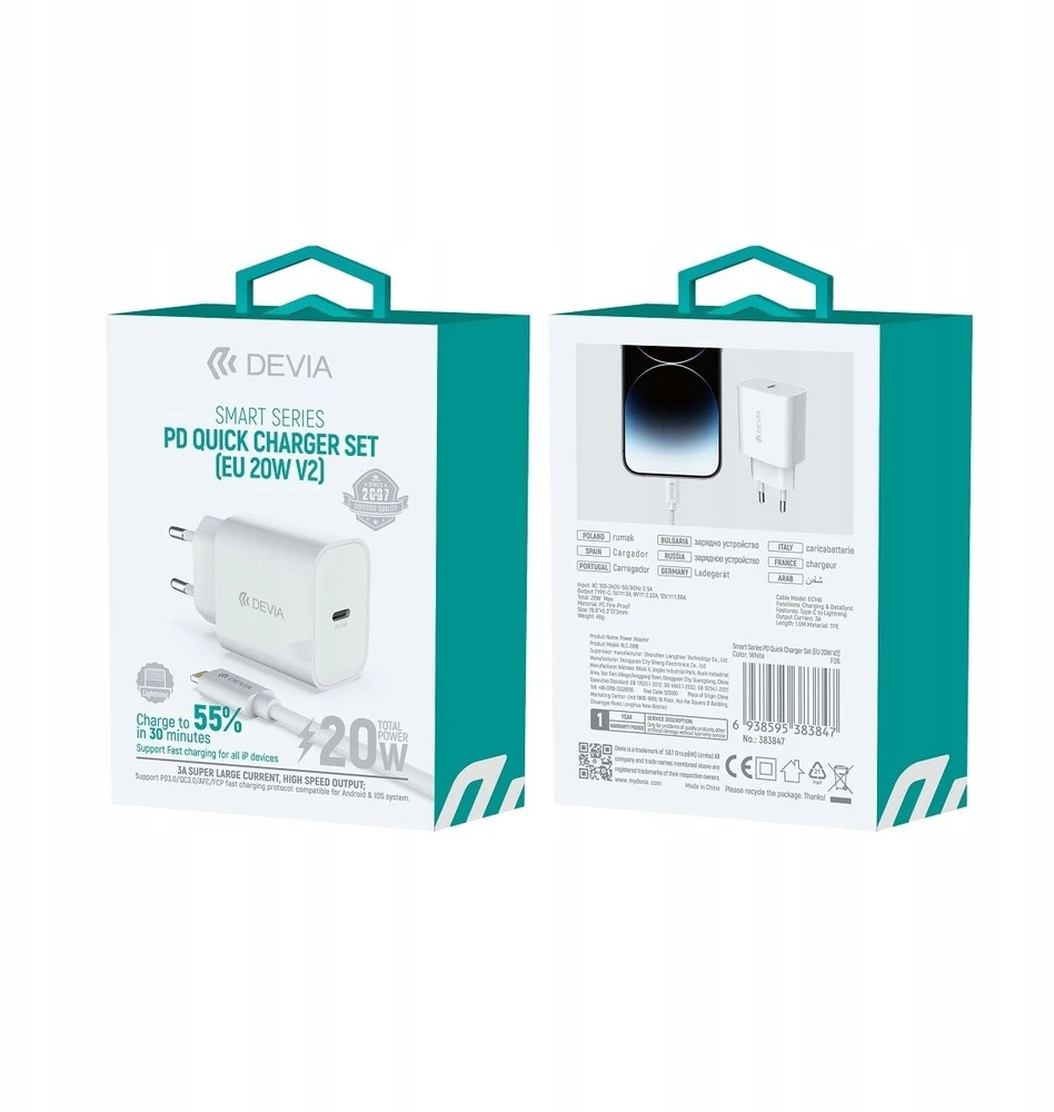 Devia sieninis įkroviklis Smart PD 20W 1x USB-C baltas + Lightning – USB-C laidas V2