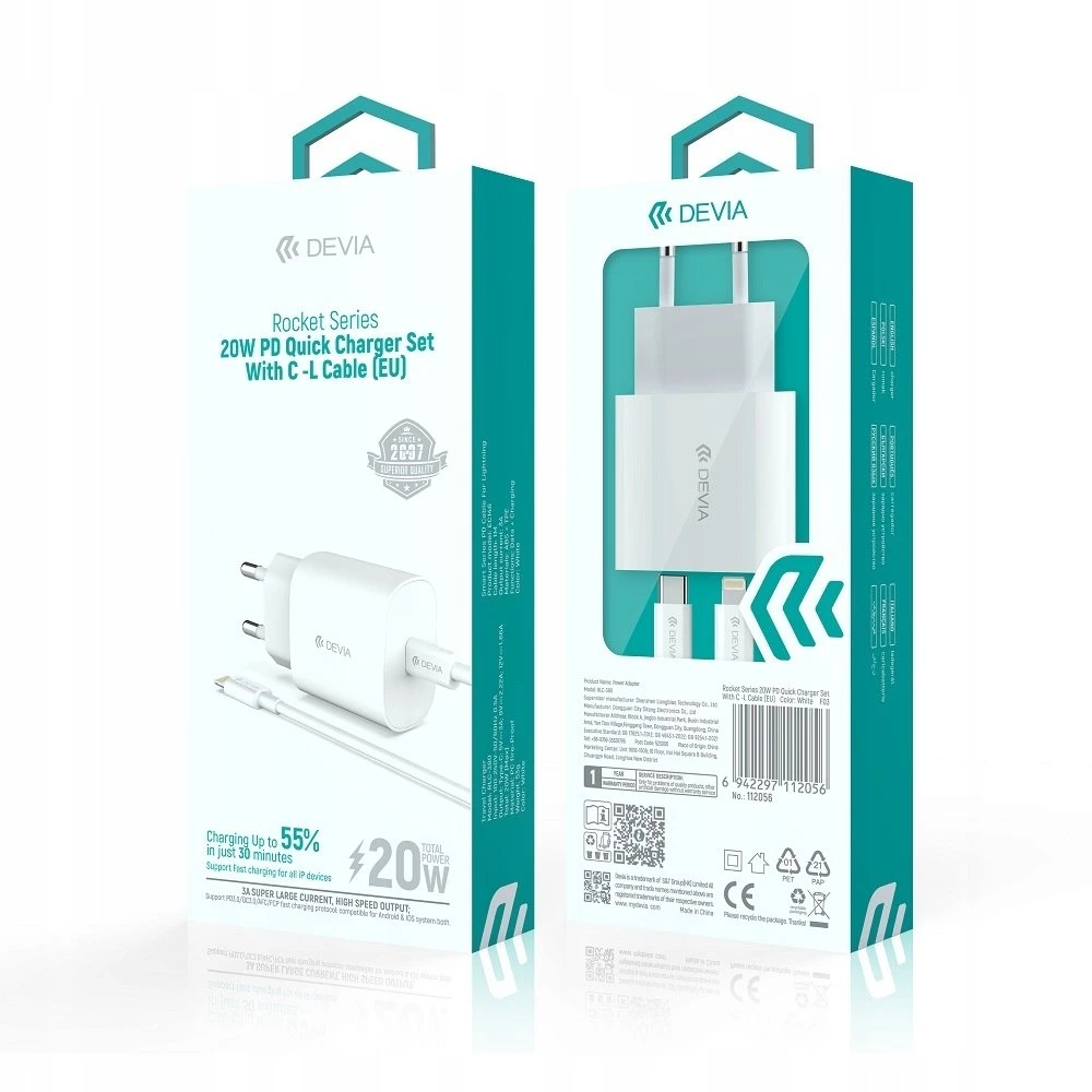 Devia sieninis įkroviklis Rocket PD 20W 1x USB-C baltas + laidas USB-C – Lightning