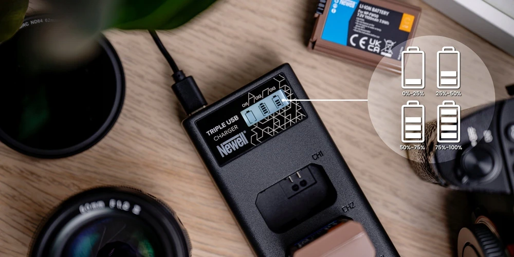 Įkroviklis - Newell CD-USB-C Trijų Kanalų Įkroviklis Canon LP-E6 Baterijoms USB-C, Micro USB, Juodas