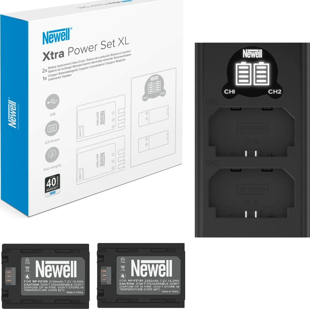 Dviejų kanalų įkroviklio rinkinys ir dvi NP-FZ100 baterijos Newell DL-USB-C, skirtos Sony