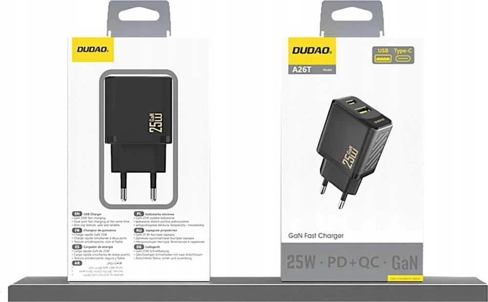 Dudao A26T GaN 25W USB-A, USB-C įkroviklis – juodos spalvos