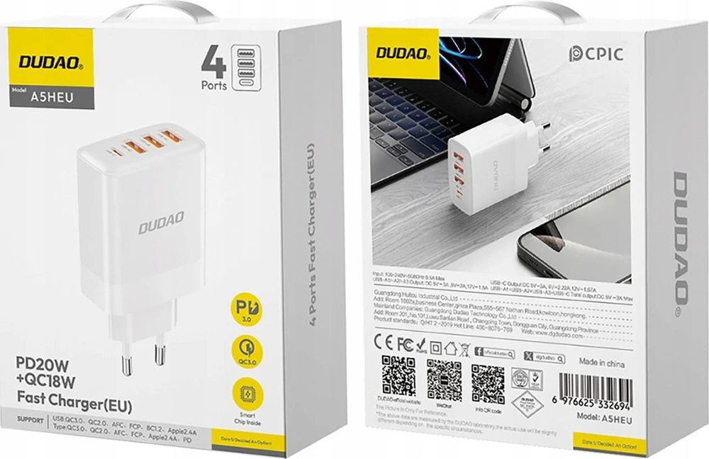 Dudao A5HEU network įkroviklis 3x USB-A 1x USB-C PD20W – baltos spalvos