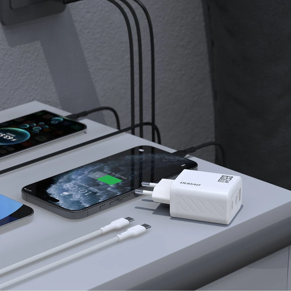Dudao A29C 65W GaN laidinis įkroviklis + USB-C kabelis – baltos spalvos