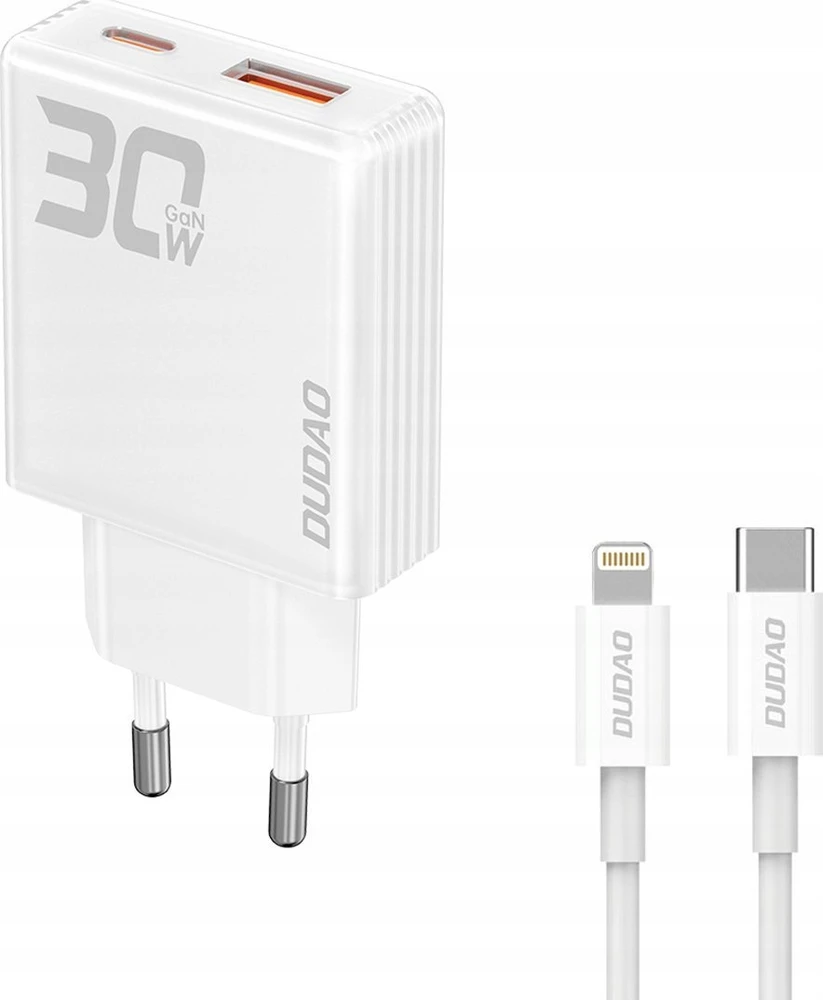 GaN Dudao A30EUL 30W USB-A / USB-C laidinis įkroviklis + USB-C – Lightning kabelis – baltos spalvos