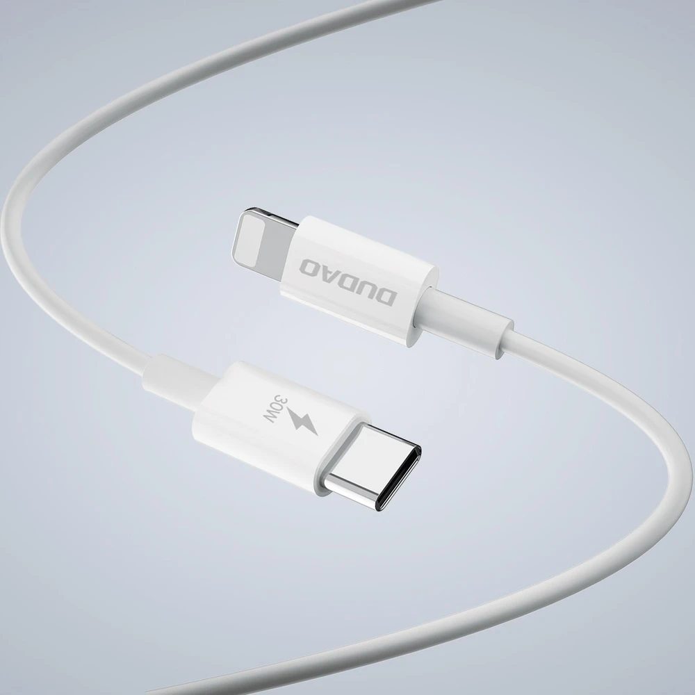 GaN Dudao A30EUL 30W USB-A / USB-C laidinis įkroviklis + USB-C – Lightning kabelis – baltos spalvos
