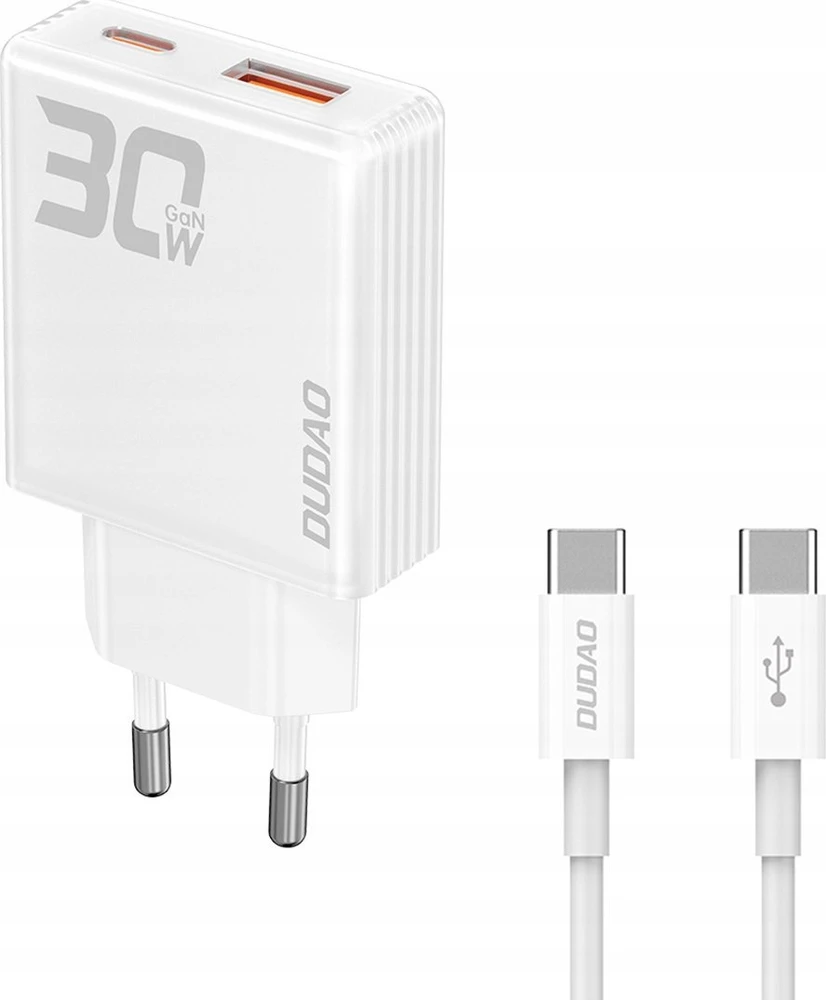 GaN Dudao A30EUT 30W USB-A / USB-C laidinis įkroviklis + USB-C – USB-C kabelis – baltos spalvos