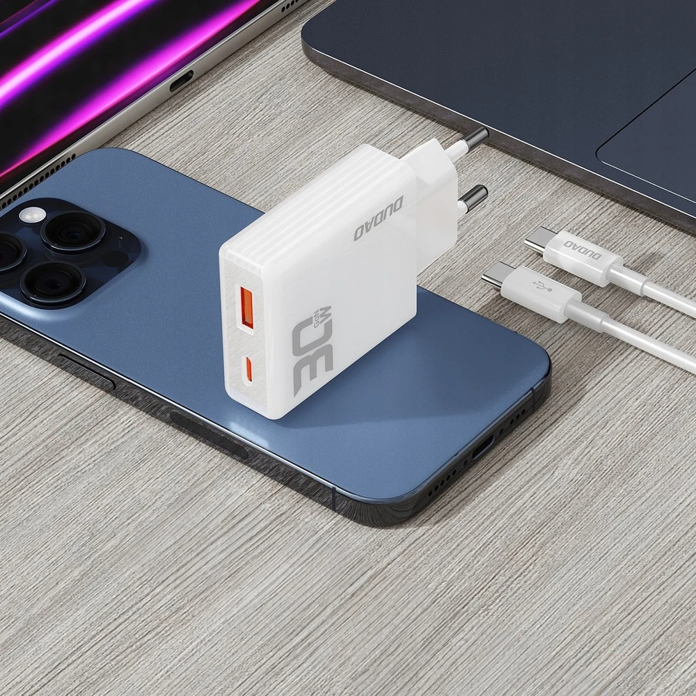 GaN Dudao A30EUT 30W USB-A / USB-C laidinis įkroviklis + USB-C – USB-C kabelis – baltos spalvos
